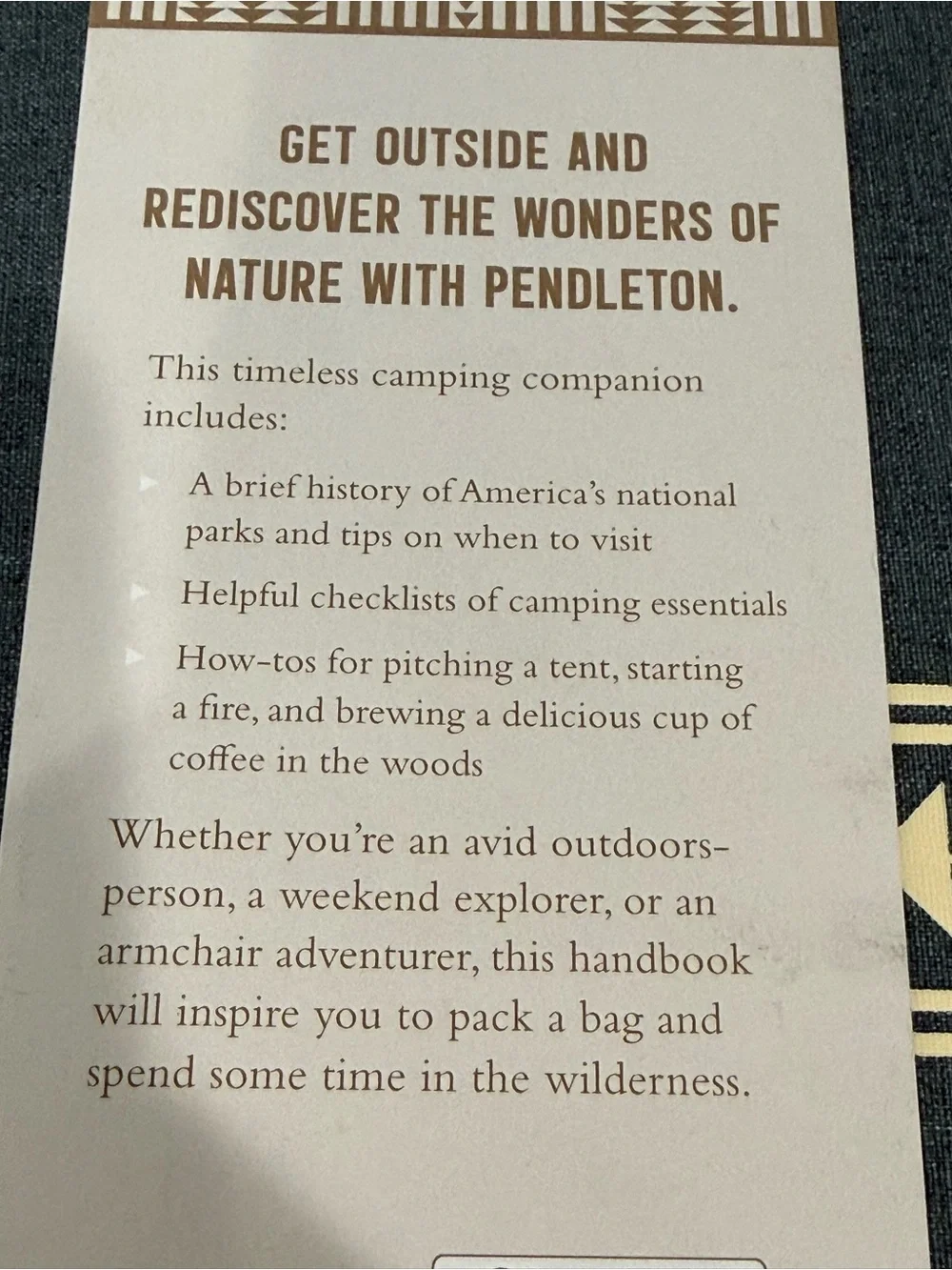 Pendleton Camping Field Guide — Navy, Gold & Cream Patterned Edge